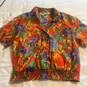 VTG Kathy Comelli Women's Red Colorful Blouse Button Up Top Sz 10 Short Sleeve